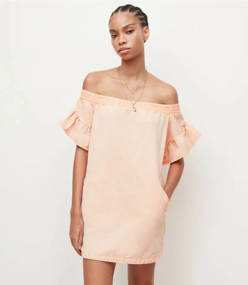 ALLSAINTS Adela Off Shoulder Mini Dress Peach Ruffle Sleeve Lyocell US 10